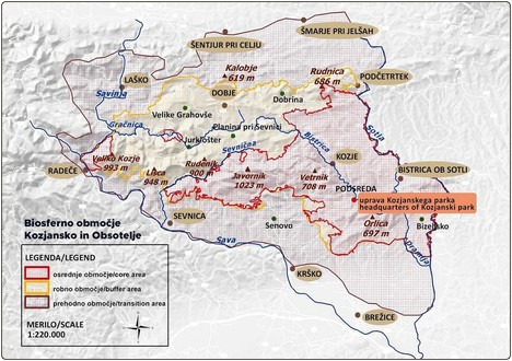 Zemljevid biosfernega območja Kozjansko in Obsotelje.